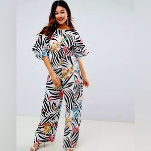 ASOS DESIGN jumpsuit with kimono cape detail and wide leg in animal floral print
